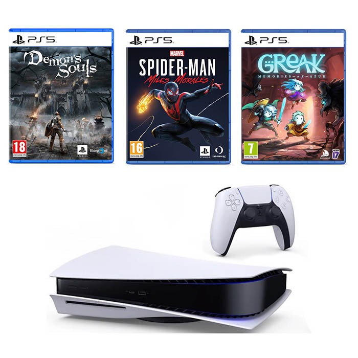 PlayStation 5 Standard Edition Console+PS5 Demon Souls+PS5 Spiderman Miles Morales + PS5 Greak: Memories Of Azur